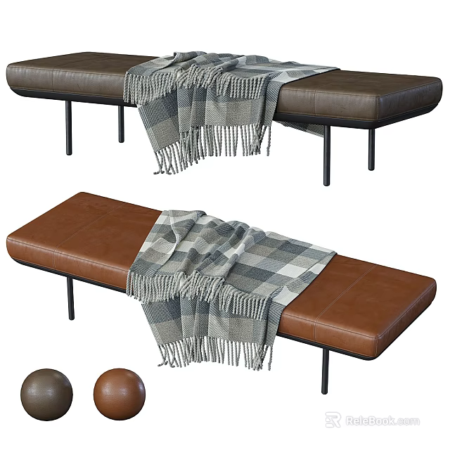Brown Leather Sofa Bench Interior With Plaid Blanket And Metal Legs Design 3d model 