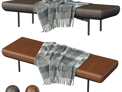 Brown Leather Sofa Bench Interior With Plaid Blanket And Metal Legs Design 3d model