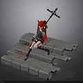 Gray Stone Steps With Red Haired Horned Character Sitting And Holding Spear
