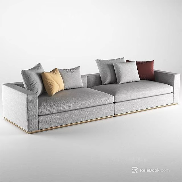 Modern Gray Two Seater Sofa With Gray Yellow Red Cushions And Golden Legs 3d model 