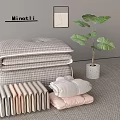 Folded Clothes with Plaid Quilt Pastel Pillow and Green Plant by Minot Li