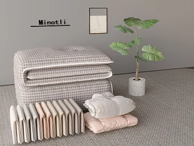 Folded Clothes with Plaid Quilt Pastel Pillow and Green Plant by Minot Li 3d model