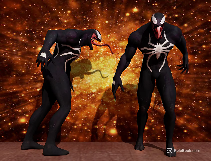 Venom Game Movie Characters in Black Suits with White Symbols on Golden Starry Background 3d model 