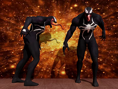 Venom Game Movie Characters in Black Suits with White Symbols on Golden Starry Background 3d model