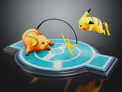 Pokémon Characters Pikachu And Raichu On Blue Platform With Poké Ball Symbol And Lightning Bolt 3d model
