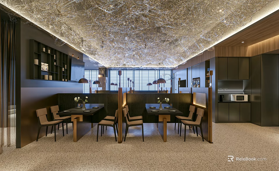 Elegant Modern Restaurant Interior With Unique Ceiling Wooden Tables Chairs And Stylish Lighting 3d model 