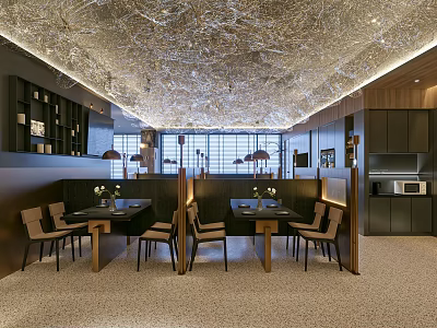 Elegant Modern Restaurant Interior With Unique Ceiling Wooden Tables Chairs And Stylish Lighting 3d model