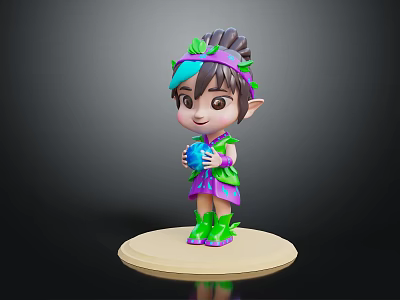 Adorable Forest Elf With Leaf Headpiece In Purple Green Outfit Holding Blue Orb On Base 3d model