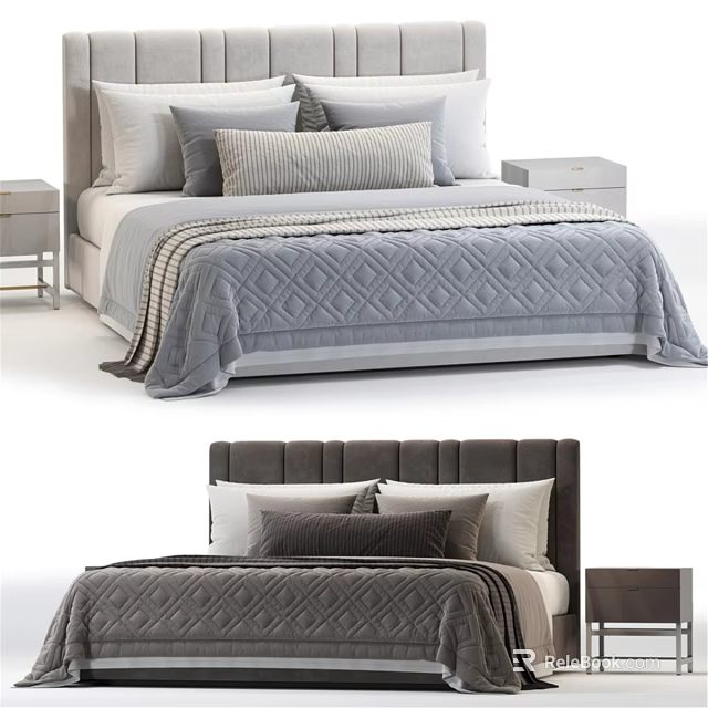 Modern Gray Double Bed with Upholstered Headboard Diamond Quilt Pillows and Nightstands 3d model 
