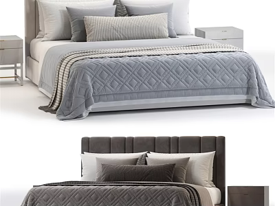 Modern Gray Double Bed with Upholstered Headboard Diamond Quilt Pillows and Nightstands 3d model
