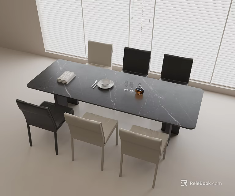 Modern Dining Table Set With Black Marble Top And Black Beige Chairs In Minimalist Room 3d model 