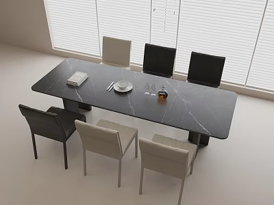 Modern Dining Table Set With Black Marble Top And Black Beige Chairs In Minimalist Room 3d model