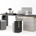 Modern Desk Interior With Computer Chair Drawer Cabinet And Stools 3d model