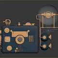 Vintage Mechanical Digital Device With Gears Lens And Blue Red Gold Accents