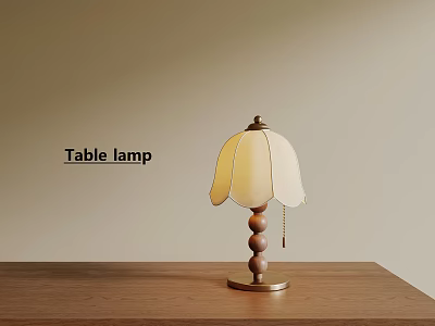 Table lamp with wooden base metal accents and light colored petal lampshade on wooden table 3d model