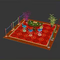 Building Interior Design With Red Carpet Green Table Blue Chairs Railings And Plants