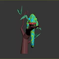 Geometric Green Blue Chameleon On Red Branch With Extended Tongue Green Leaves Dark Background
