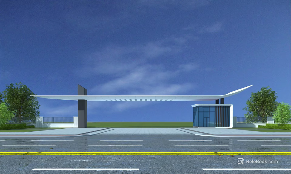 Modern Entrance Gate With Large Canopy Glass Guard House And Green Lawn Under Blue Sky 3d model 