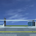 Modern Entrance Gate With Large Canopy Glass Guard House And Green Lawn Under Blue Sky