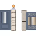 Building Exterior Wall Featuring Blue Gates Stone Pillars And Grille Design 3d model