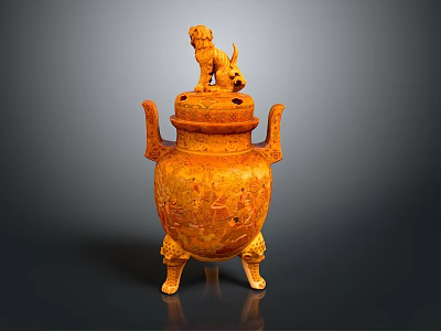 Traditional Yellow Ceramic Household Decor With Lion Lid Two Handles Three Legs 3d model