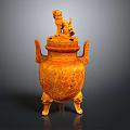 Traditional Yellow Ceramic Household Decor With Lion Lid Two Handles Three Legs