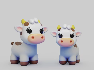 Cute Cartoon Cow Decorative Ornament Set With White Body Brown Spots And Yellow Horns 3d model