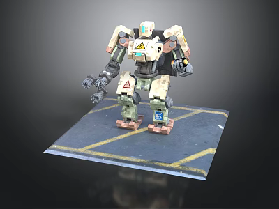 3D Robot Model With White Green Brown Body Mechanical Arms And Blue Platform Yellow Lines 3d model