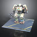 3D Robot Model With White Green Brown Body Mechanical Arms And Blue Platform Yellow Lines