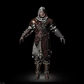 Hooded Man In Medieval Fantasy Warrior Outfit With Leather Cloth And Metal Accents