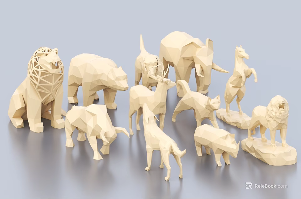 Geometric Animal Sculptures In Origami Style With Lion Bear Elephant And Deer 3d model 