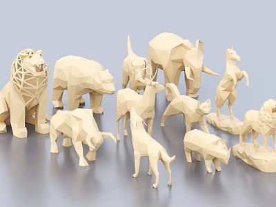 Geometric Animal Sculptures In Origami Style With Lion Bear Elephant And Deer 3d model