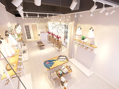 Stylish Clothing Store Interior With Display Shelves Dresses And Decorative Flowers 3d model