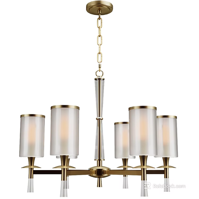 Modern Brass Chandelier With White Cylindrical Glass Shades And Chain Hanging 3d model 