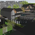 Traditional Modern Commercial Street With Circular Plaza Greenery And Stone Paved Paths