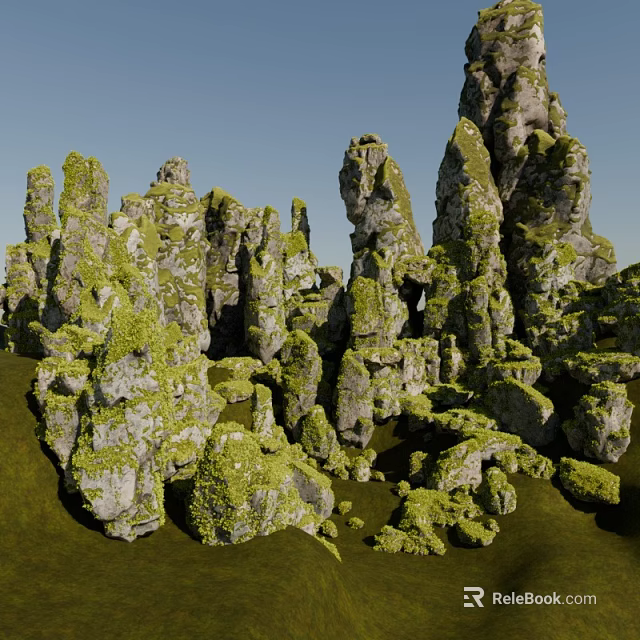 Natural Rockery Stones Covered With Lush Green Moss In Garden Landscape 3d model 