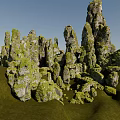 Natural Rockery Stones Covered With Lush Green Moss In Garden Landscape