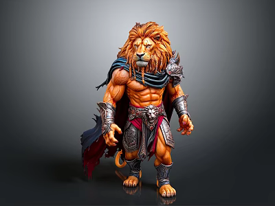 Mythical Lion Headed Warrior With Muscular Body Armor And Flowing Cloak Standing 3d model