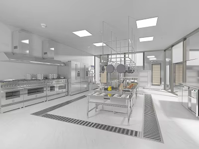 Commercial Kitchen Interior With Stainless Steel Appliances Central Worktable Hanging Utensils And Square Ceiling Lights 3d model