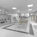 Commercial Kitchen Interior With Stainless Steel Appliances Central Worktable Hanging Utensils And Square Ceiling Lights
