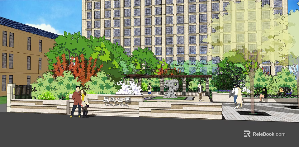 Park Landscape With Green And Red Trees People Walking Stone Sculpture And Building Background 3d model 