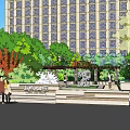 Park Landscape With Green And Red Trees People Walking Stone Sculpture And Building Background
