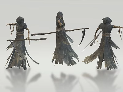 Three Dark Hooded Fantasy Game Characters With Scythe Spear And Tattered Cloaks 3d model