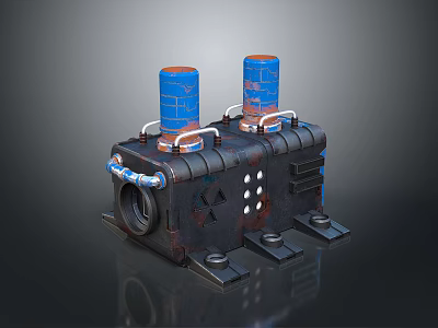 Industrial Mechanical Device Featuring Blue Orange Cylinders Black Body And Metal Pipes Brackets 3d model