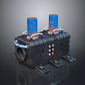 Industrial Mechanical Device Featuring Blue Orange Cylinders Black Body And Metal Pipes Brackets