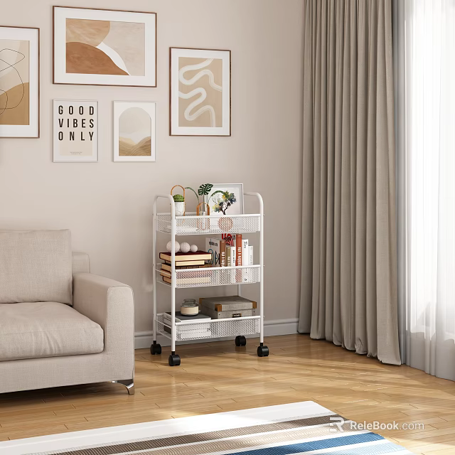 Multi Tier Rolling Cart In Modern Living Room With Books Plants And Wall Art 3d model 