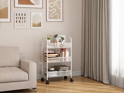Multi Tier Rolling Cart In Modern Living Room With Books Plants And Wall Art 3d model