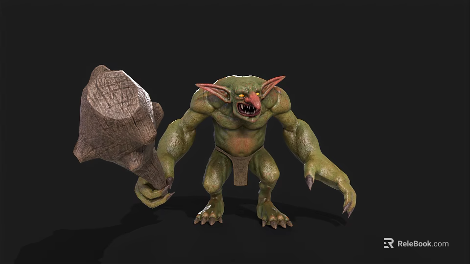 Green Monster Game Movie Character With Large Ears Red Eyes Sharp Teeth Holding Giant Club 3d model 