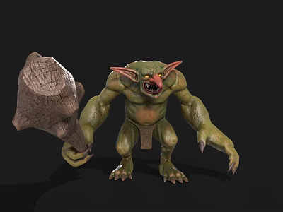 Green Monster Game Movie Character With Large Ears Red Eyes Sharp Teeth Holding Giant Club 3d model