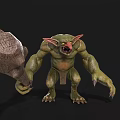 Green Monster Game Movie Character With Large Ears Red Eyes Sharp Teeth Holding Giant Club